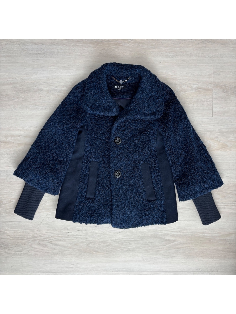 bebe Women S Navy Boucle Wool Blend Jacket Bell Sleeve Ribbed Cuff Y2K Coat
